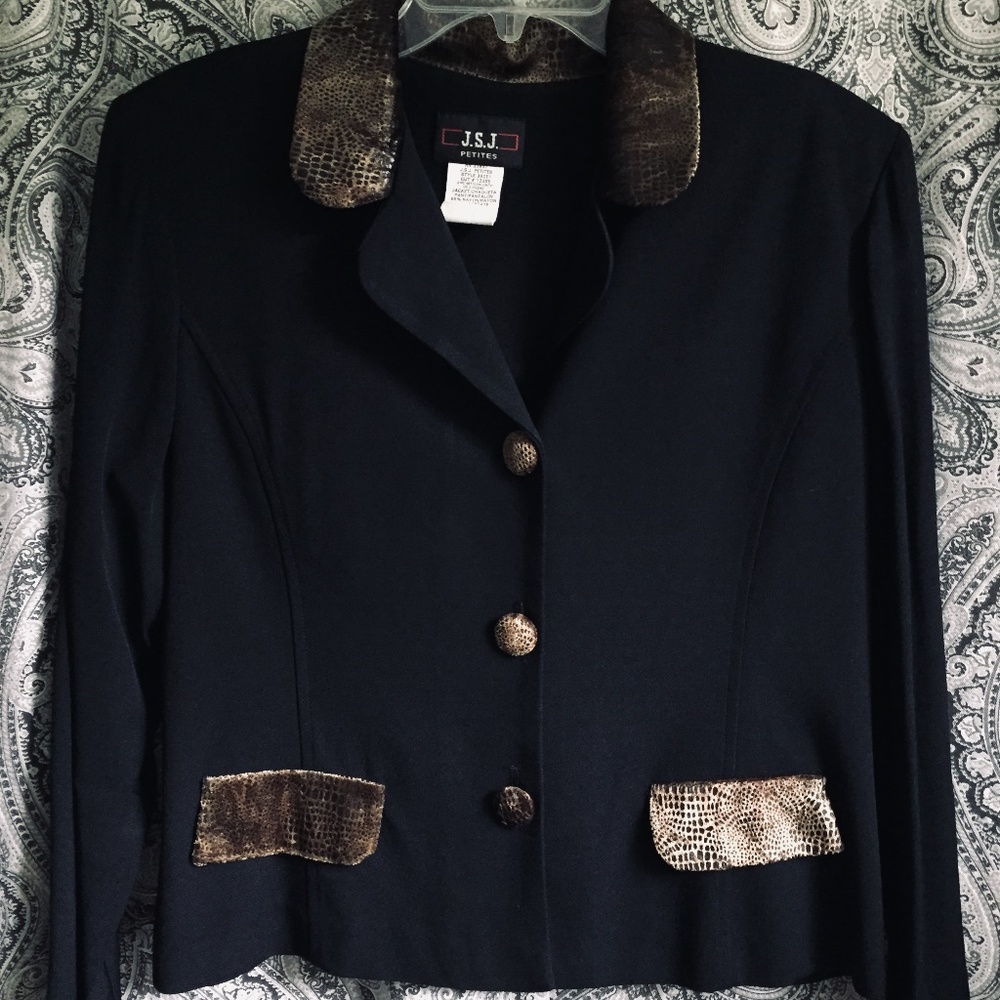 JSJ SZ 14 PETITE TAILORED BLACK & ANIMAL PRINT BELTED JACKET BLAZER